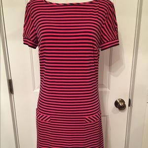 LAUNDRY BY DESIGN DRESS MINI SHIFT RED BLUE STRIPES SHORT CAP SLEEVES Size XS